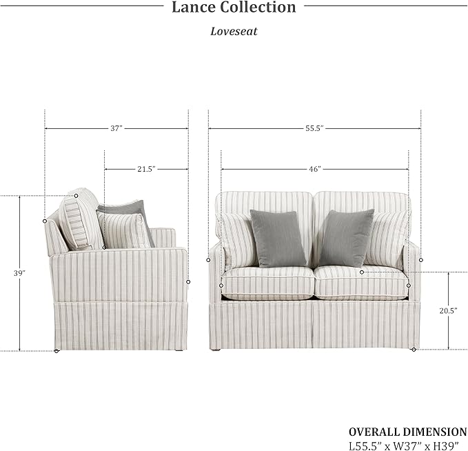 Lexicon Modern Sofa Couch for Living Room Sofas with Solid Wood Frame Square Arm and 4 Accent Pillows Small Couch for Bedroom/Living Room/Office/Apartment 2 Seater Couch White with Stripe
