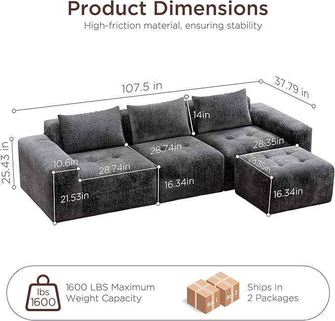 Maupvit 108 Modular Sectional Sofa Modern Cloud Couch L-Shaped Convertible Sleeper Sofa Bed with Movable Ottoman Deep Seat Boneless Comfy 3 Seater Couches for Living Room Grey | Breathable materia