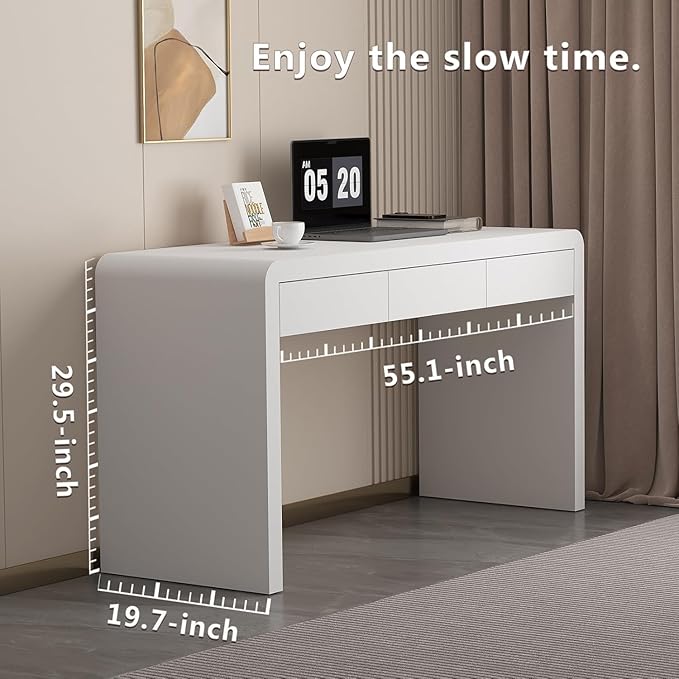 Executive Desk with Drawers White Computer Desk with Drawers with Three-Layer Lacquered Thick Wooden Board 55 inch Modern Home Office Desk for Study Living Room Bedroom