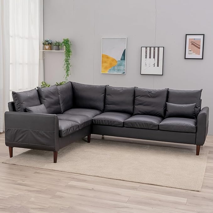 Panana 6 Seater Corneer Sofa 3 Seater &amp 2 Seater L Shaped Couchwith Curved Armrest Pockeys Solid Wood Legs Sectional Setee (Black Faux Leather 6 Seater L Shape Corner Sofa)