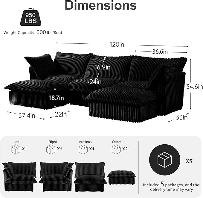 120 Inch 3-Seater Oversized Sectional Sofa with 2 Ottomans - Wide Deep Seat Removable Washable Corduroy Fabric for Living RoomBlack