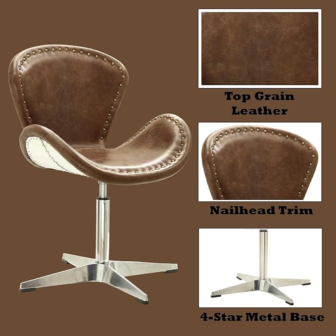 Acme Brancaster Leather Upholstery Accent Chair in Retro Brown and Aluminum