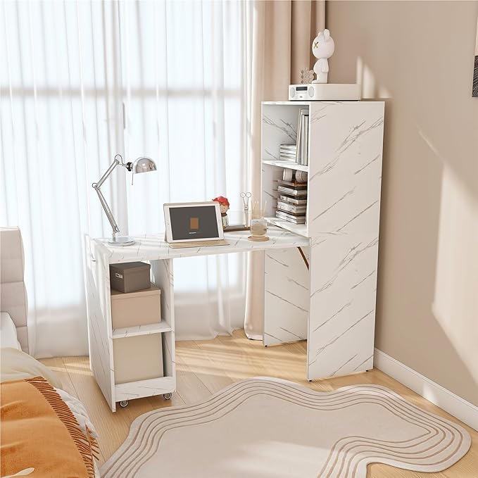 Stretchable Foldable Office Desk with Storage Shelves Extendable Tabletop Lockable 360° Wheels Space-Saving Desk for Home Office Practical(White Marble)