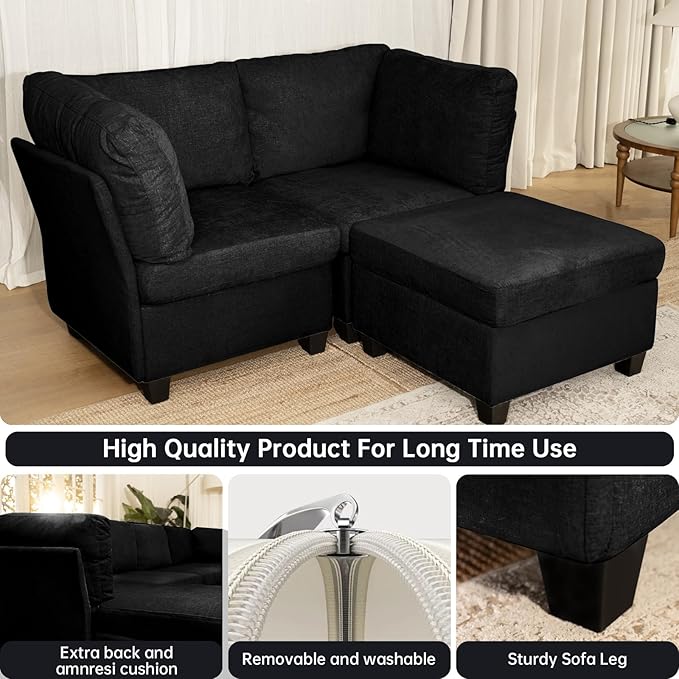 Modern Sofa Modular sectional Cloud Couch with 2 Ottomans 6-seat Chenille deep-seat with Storage and 6 Pillows for Living Rooms bedrooms and Apartments (Black 2Seater+1Ottoman)