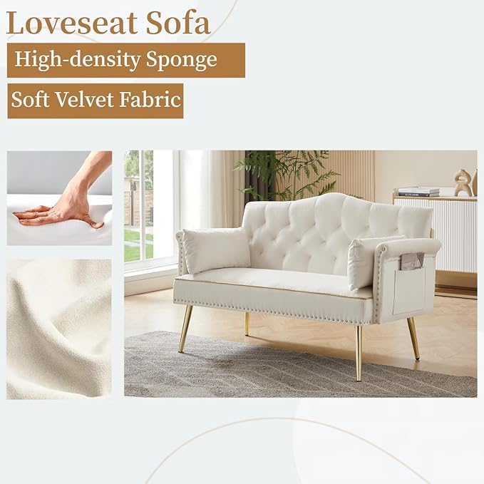 Small Velvet Loveseat Sofa with Gold Metal Legs55-inch Modern Sofa Couch with 2 Side PocketsCouch with Tufted Backrest for Living Room Bedroom Office (Beige)