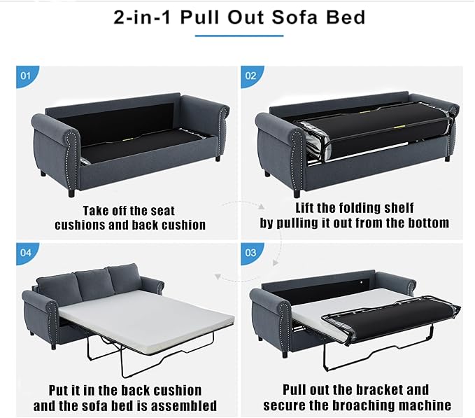 81.5 2-in-1 Queen Convertible Sleeper Sofa Bed Pull Out Couch Bed3 Seater Sofa Bedwith 3.35 Memory Foam MattressRivet HandrailLiving Room Apartment (Dark Gray)