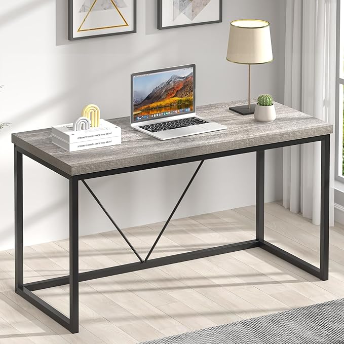 FOLUBAN Modern Home Office Desk Industrial Vintage Computer Desk Rustic Wood and Metal Study Writing Table Simple Work Gaming PC Desks for Bedroom Living Room Light Grey 53 Inch