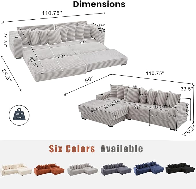 Modular Sectional Sofa Couch 110.75 Convertible Sleeper Sofa Bed with Movable Ottoman &amp Cup Holder for Living Room | L Shaped Couch | Pull Out Couch Bed | Plush Corduroy Fabric Gray