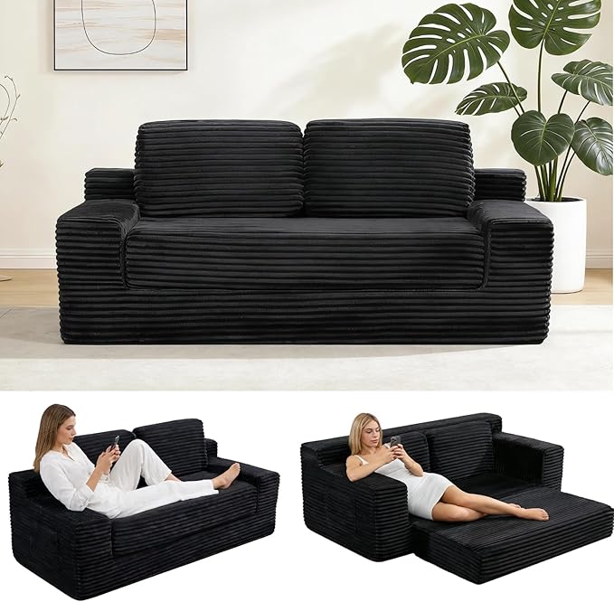 71 Corduroy Cloud Loveseat Sofa Bed Pull Out Convertible 2-in-1 Boneless Couch Deep Seat 2-Seater Design No Assembly Floor Sofa with Side Pockets for Living Room Bedroom Apartment (Black) | Pul