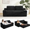 71 Corduroy Cloud Loveseat Sofa Bed Pull Out Convertible 2-in-1 Boneless Couch Deep Seat 2-Seater Design No Assembly Floor Sofa with Side Pockets for Living Room Bedroom Apartment (Black) | Pul
