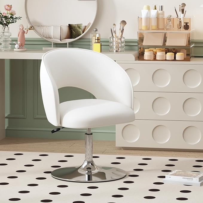 Furniliving Vanity Chair with Arm PU Leather Chair for Vanity Swivel Accent Chair Adjustable Height Makeup Chair with Chrome Base Living Room Chair for Bedroom Makeup Room Study Room IvoryWhite