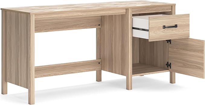 Benjara Bette Home Office Desk 60 Inch Rectangular Top w Side Cabinet Oak Brown and Black