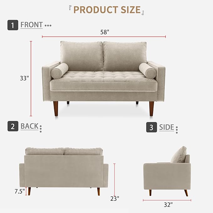 SILKIR Velvet Loveseat Sofa Love Seats Furniture for Small Spaces Mid-Century Modern Loveseats for Living Room Love Seat Couch 58 Inches Beige