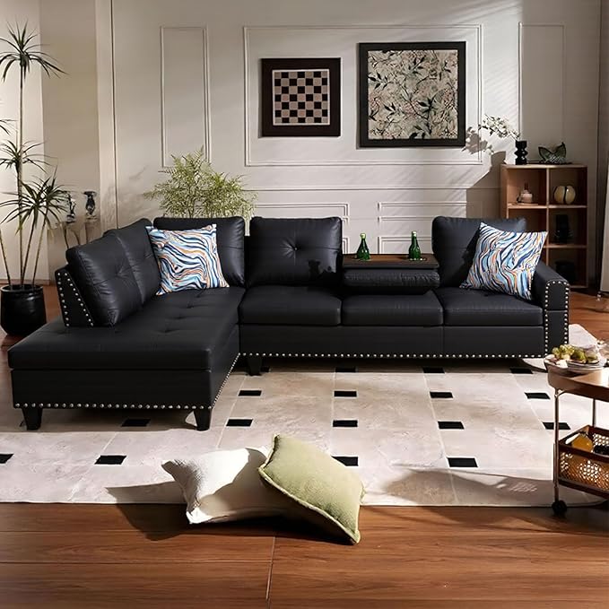 L Shape Sectional Couch with Chaise 97.5 Inch Modular Sofa with Cup Holders Sectional Couches for Living Room Ergonomic Reclined Backrest for Office and Small Apartment Black