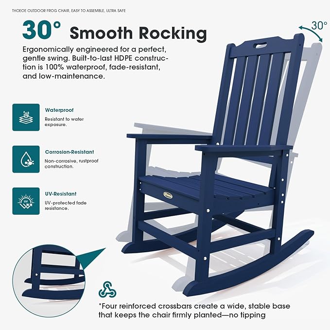 Oversized Rocking Chair Outdoor Rocking Chair for Adults All Weather Resistant Porch Rocker for Lawn Garden Navy Blue
