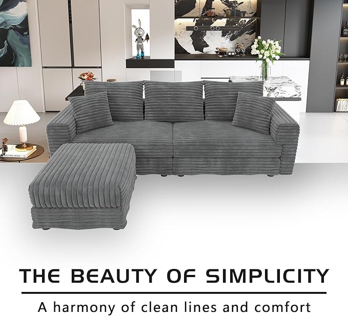 82.7'' Oversized Corduroy Couch Modular Sectional Sofa with Ottoman Upholstered 3 Deep Seat L Shape Sofa Convertible Cloud Couches with Chaise Lounge for Living Room Apartment Gray