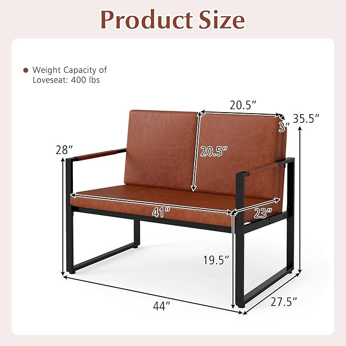 Giantex Modern Loveseat Sofa 2-Seater Sofa with Solid Metal Frame &amp Removable Back Cushions Spacious Seat &amp Supportive Armrests Indoor Couch for Living Room Bedroom Office (Brown)