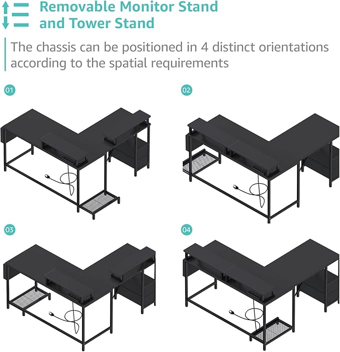 Lufeiya L Shaped Gaming Desk with Led Lights and Power Outlets 47 Inch Corner Home Office Desk with Monitor Stand Shelves Writing Study Computer Desks with Fabric Drawers for Bedroom Black