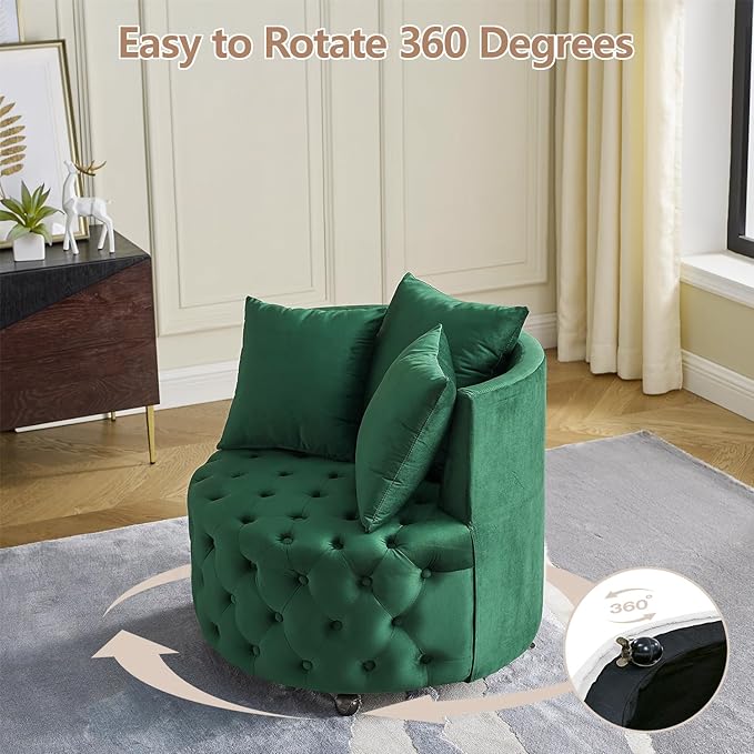 LLS Swivel Barrel Chair Velvet Accent Barrel Chair with 3 Pillows and 4 Wheels 360 Degree Sofa Chair Modern Button Tufted Upholstered Accent Chair for Living Room Bedroom Green