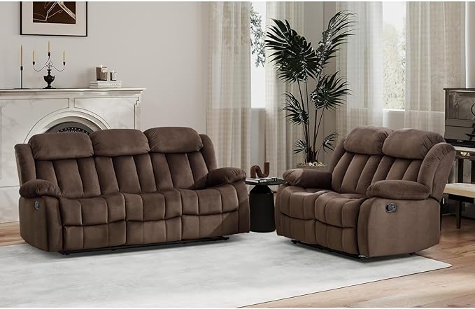 EBELLO Manual Reclining Sofa Set Classic 5-Seater Furniture Set with Overstuffed Arms and Backrest Include 1 Loveseat Couch and 1 3- Seat Sofa Brown