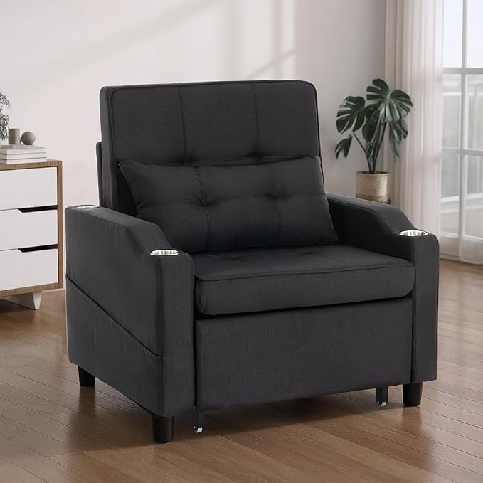 Sleeper ChairSingle Armchair Sofa with PillowAdjustable Backrest Recliner Sofa Modern Pull Out Couch Bed with USB Port Cup Holder Side Pocket for Living Room Bedroom(Black)