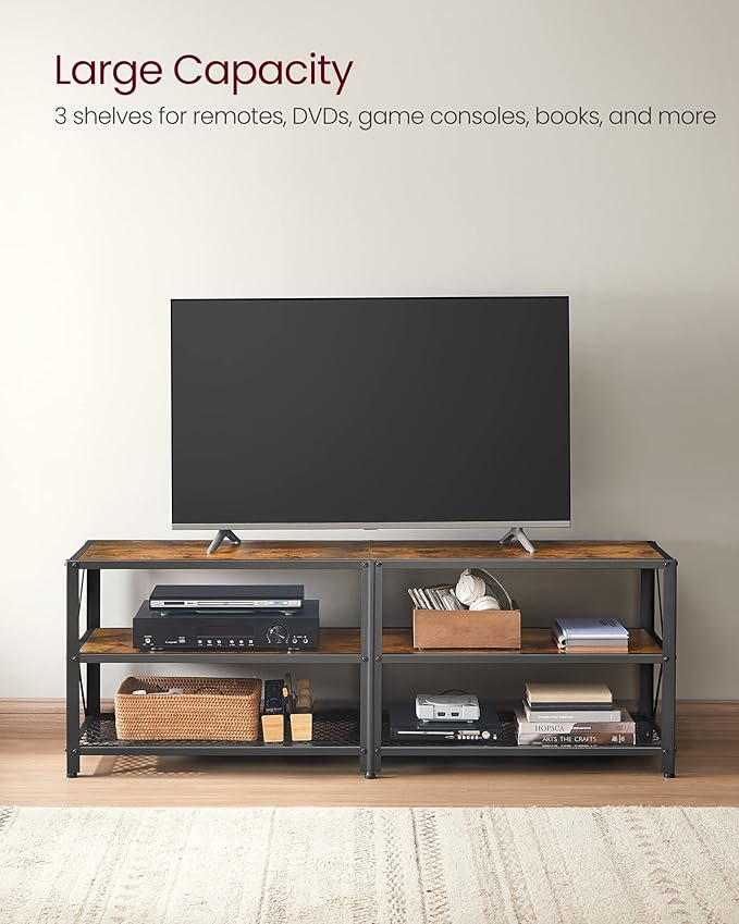 VASAGLE TV Stand TV Console for TVs Up to 65 Inches TV Table 55.1 Inches Width TV Cabinet with Storage Shelves Steel Frame for Living Room Bedroom Rustic Brown and Black ULTV094B01