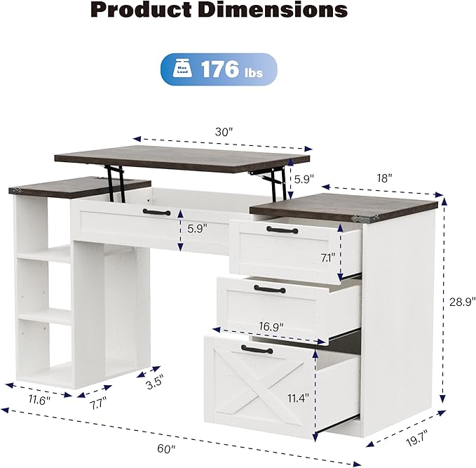 Farmhouse Lift Top Desk: Rustic Wood Standing Desk with 3 Drawers &amp Open Storage Shelves Adjustable Height White &amp Brown Home Office Computer Desk for Work Study Writing (White+Dark Walnut