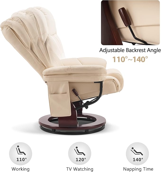 MCombo Swivel Recliners with Ottoman Vibration Massage TV Chairs with Side Pocket Faux Leather Ergonomic Lounge Chair for Living Room Bedroom 4734 (Cream White)