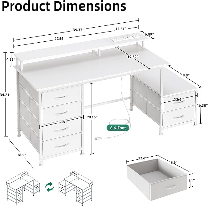 Flrrtenv 52 Inch Office Desk with 6 Drawers and Printer Space for Storage Reversible Computer Desk with Monitor Stand &amp Power Outlets Home Office Desks White