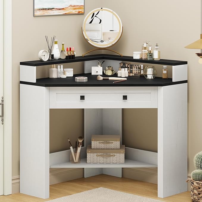 Corner Desk Triangle Computer Desk Home Office Workstation with Drawer and Monitor Stand for Small Spaces Farmhouse Corner Vanity Table for Bedroom Study Living Room (Rustic White and Black)