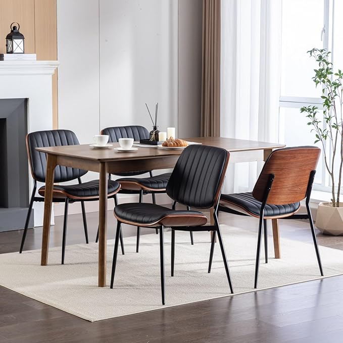 Dining Chairs Set of 2 Mid Century Modern Retro Faux Leather Chair with Walnut Bentwood Back Upholstered Seat Metal Legs Adjustable Foot for Kitchen Dining Room Chairs (Black)