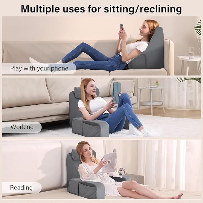 ENITYA Reading Pillow for Sitting in Bed Adult 19 Back Support Pillow for Bed Sitting up Backrest Cushion for RecliningGamingRestingWatching TV in Couch or Floor Wedge with Arms Medium(Grey)