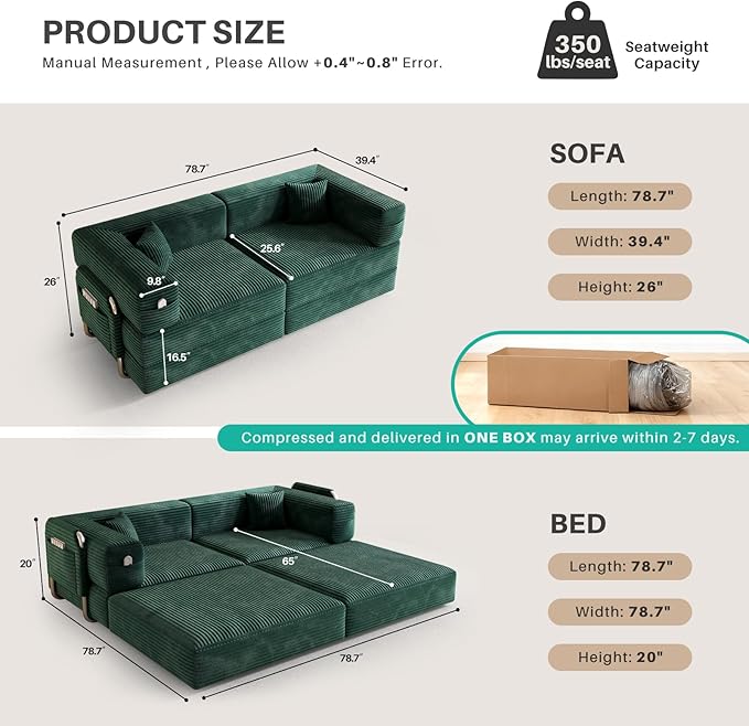 78 Compressed Convertible Sofa Bed Modular Corduroy Loveseat Sleeper with Fixed-Shape Frame Folding Mattress Couch with 2 Pillows for Living Room Bedroom Small Spaces No Assembly Needed Green