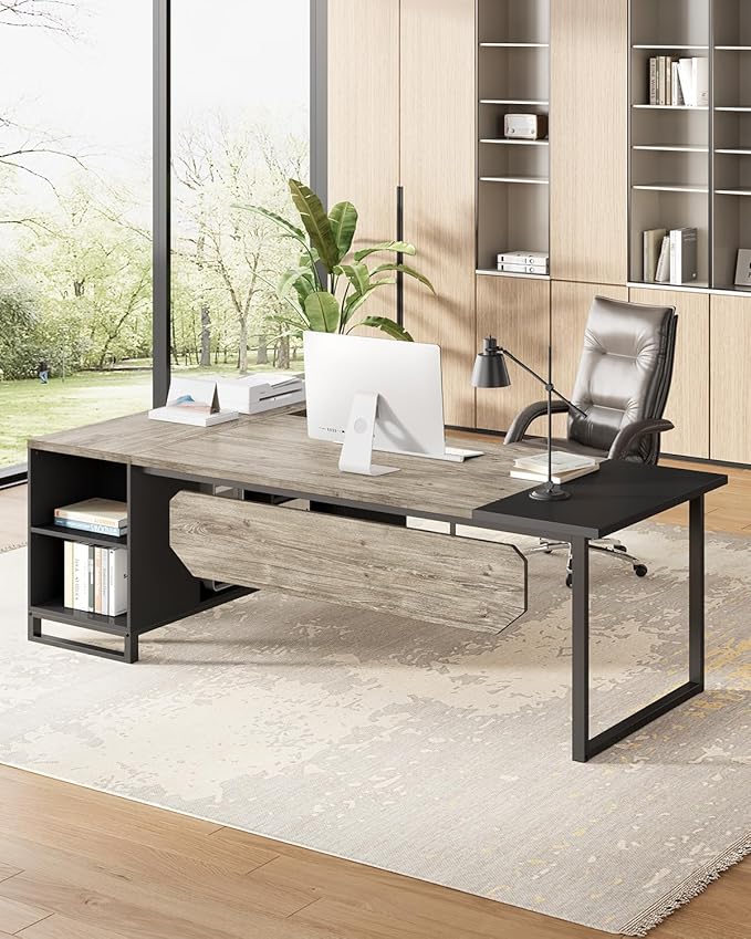 LITTLE TREE 70.8 Inches Executive Desk and 55 Inches File Cabinet Combo Large L Shaped Computer Desk with Storage Cabinet and Shelves Modern Business Furniture for Home Office Grey &amp Black