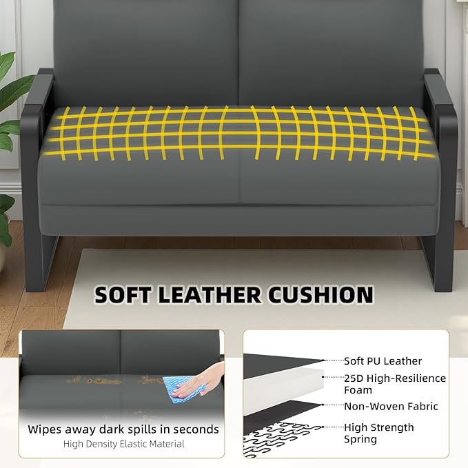 Faux Leather Loveseat Couch for Living Room Bedroom Office Small Sofa 2 Seater Couch with Flip Up Tray Table Side Pockets Leather Loveseats Gray