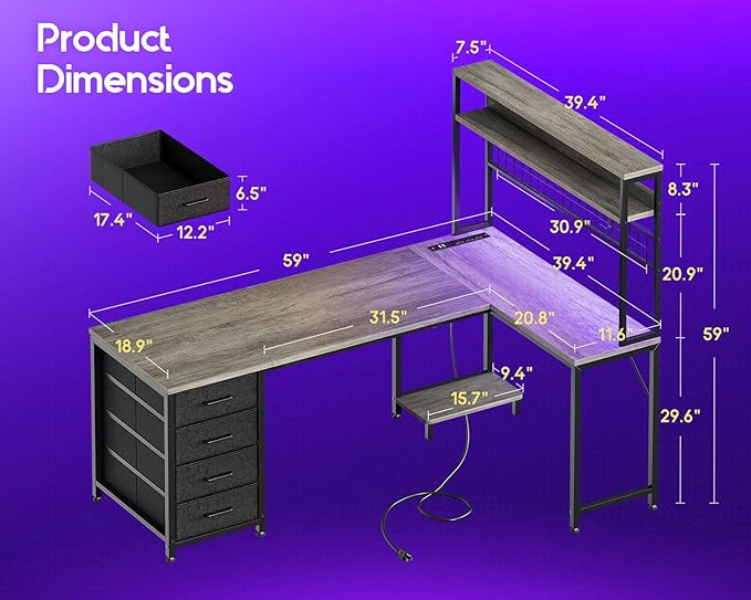 AODK L Shaped Gaming Desk with Hutch 59 Computer Desk with 4 Drawers &amp Storage Shelves Reversible Corner Desk with LED Light &amp Power Outlets Gamer Table for for Home Office Gray Oak