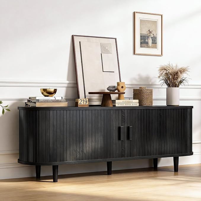 58 Mid Century Modern TV Stand Wood TV Consoles with Sliding Doors and Power Outlet Fluted Entertainment Center with Adjustable Shelves Media Console for Living Room Black