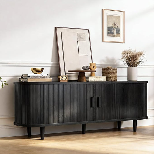 58 Mid Century Modern TV Stand Wood TV Consoles with Sliding Doors and Power Outlet Fluted Entertainment Center with Adjustable Shelves Media Console for Living Room Black