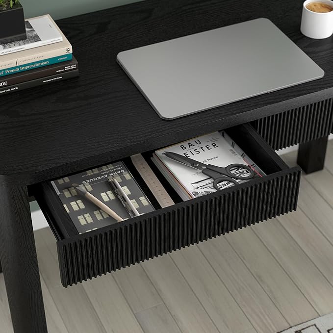 Henn&ampHart 48 Fluted Modern Rectangular Wooden Home Office Desk Computer Desk Writing Table with 2 Ribbed Storage Drawers for Bedroom Living Room or Home Office Natural Black