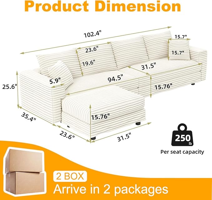 102.4'' Cloud Couch with 1 Ottoman 4 Deep Seat Convertible Modular Sectional Sofa Plush Corduroy &amp Memory Foam Couches with 6 Soft Pillows for Living Room Apartment