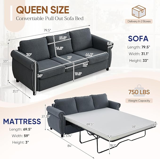 Queen Pull Out Sofa Bed 2-In-1 Pull Out Couch Bed with Memory Foam Mattress &amp Riveted Rolled Armrests 3 Seater Convertible Sleeper Sofa Foldable Couch for Living Room Bedroom Apartment(Dark G