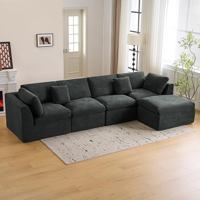 L Shape Modular Sectional Sofa 4 Seater Modular Couch with Ottoman Fully Compressed No Assembly Boneless Sofa (Grey)