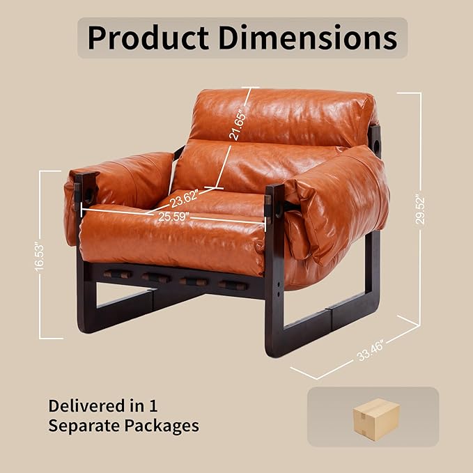 Livavege Retro Leather Lounge Chair Indoor Oversized Accent Chair with Thick Cushions &amp Solid Wood Base Support Comfy Armchair Deep Seat Sofas for Living Room/Bedroom/Home Office/Balcony