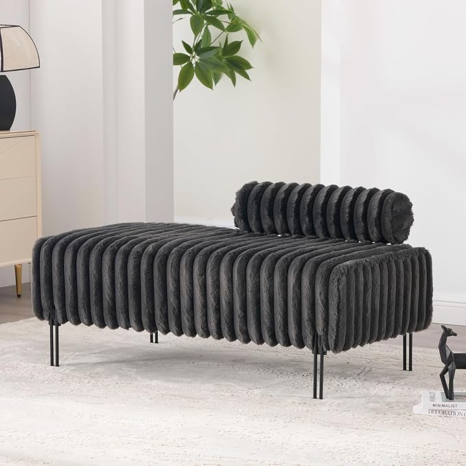 49.6'' Loveseat Sofa Modern Faux Fur 2-Seater Couch with Adjustable Backrest Comfy Bench for Entryway End of Bed Boutique Dressing Room Bedroom (Grey).