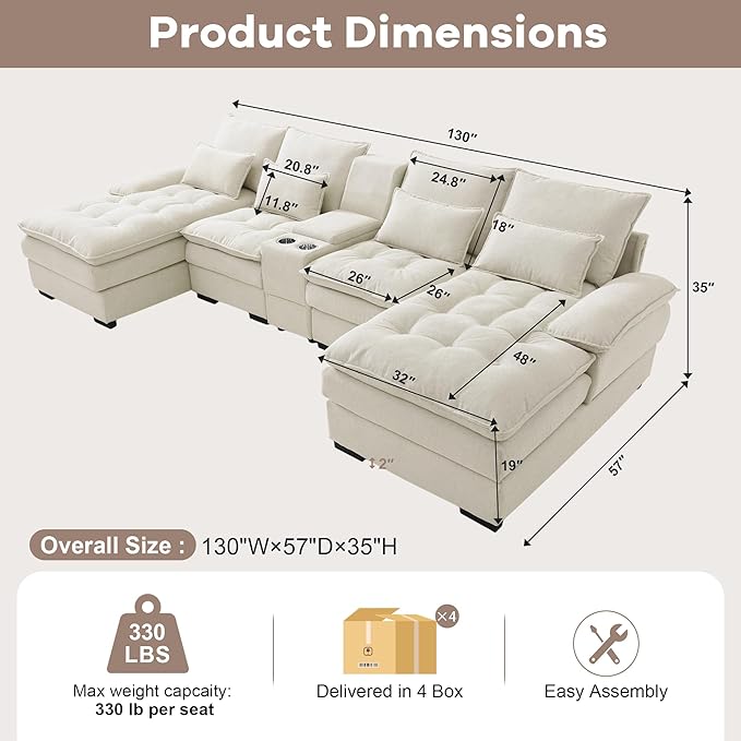 130 U Shaped Cloud Couch Modular Sectional Sofa with Chaise Lounge Comfy Fluffy Cloud Sectional Couches for Living Room Modern Modular Sofa with Central Console (Beige)
