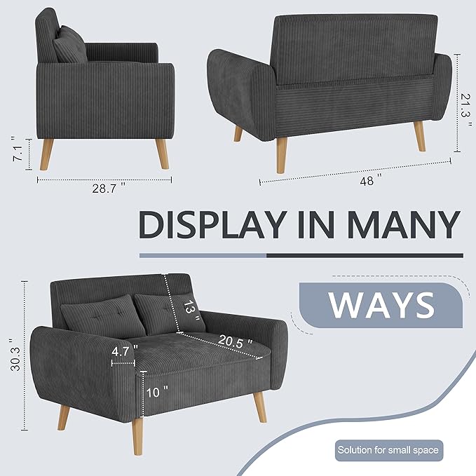 Shintenchi Small Modern Loveseat Couch Sofa Mid Century Fabric Upholstered 2-Seat Sofa Couch Love Seats Furniture for Small Space Dark Grey