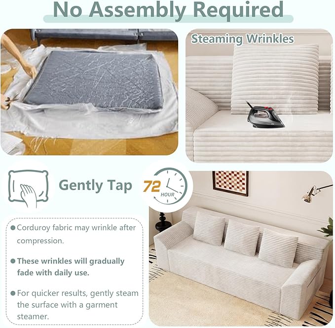 71 Cloud Loveseat SofaBoneless Deep Seat 2-Seater with 3 Pillows&ampSide PocketNo Assembly Foam Floor CouchPlush Corduroy FabricModern Living Room Sofa for Small Space (Tilted Armrest White)