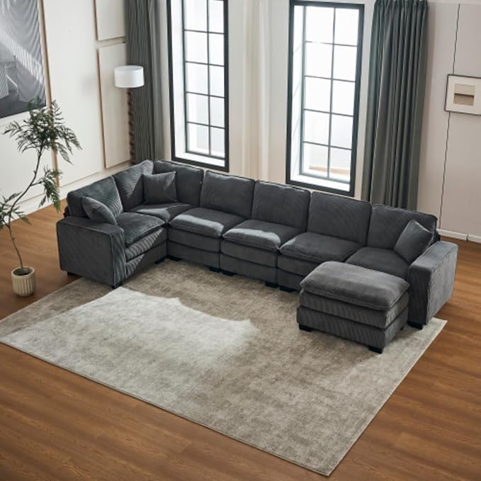 Modern U Shaped 6-seat Sectional Sofa Couch with one Ottoman and Three toss PillowsModular Sofa for Living RoomCorduroy Sofa (GreyCorduroy-7 Seat)