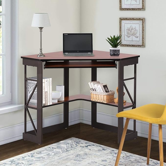 VECELO Corner Computer Desk 41 x 30 inches with Smooth Keyboard &amp Storage Shelves for Home Office Workstation Teakwood Brown