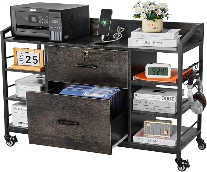 VEVOR 2 Drawers Metal File Cabinet Lateral Filing Cabinet with Lock and 6 Open Shelves Wooden Wide Filing Storage Cabinets with Power Strip for Letter A4 Legal Size File Easy Assembly Gray